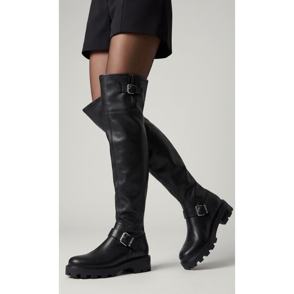 Nine West Over The Knee Lug Sole Moto Boots Black Buckle Size 7M Side Zip NEW